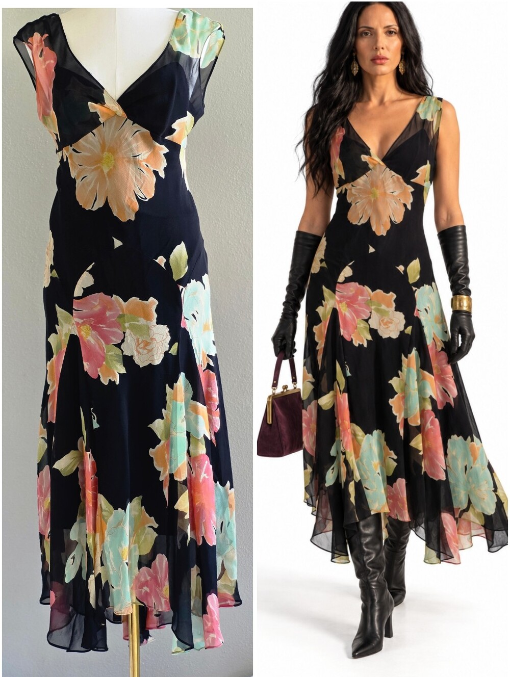 Vintage Silk Floral Handkerchief Hem Midi Dress Romantic Boho Size 8 Euc